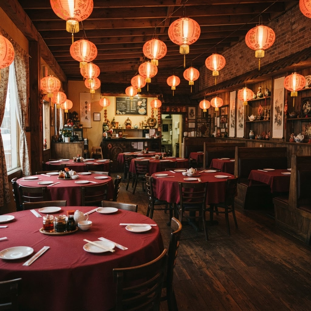 Cosy Chinese restaurant interior with red tablecloths and hanging paper lanterns