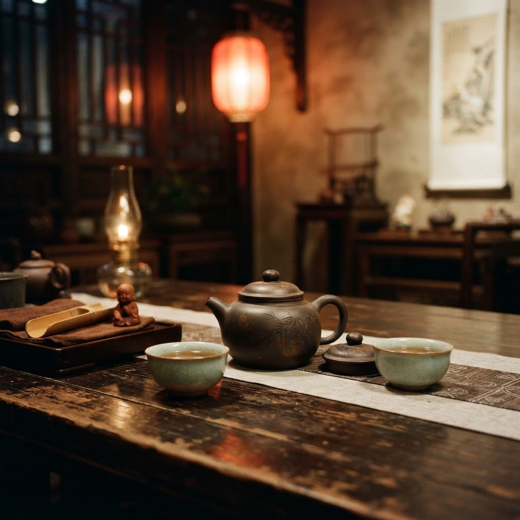 Traditional Chinese teapot and cups on a dark table with a glowing red lantern