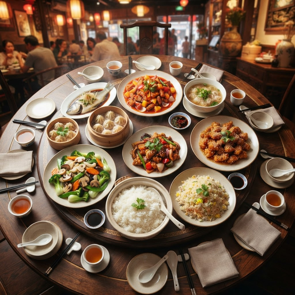 Shared banquet spread of assorted Chinese dishes on a round table