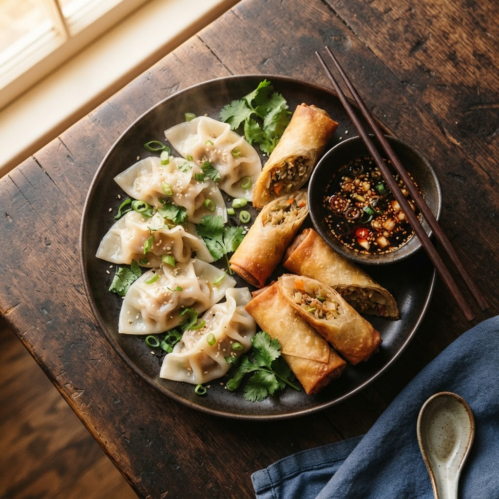 Assortment of Chinese starters including spring rolls and dumplings on a plate