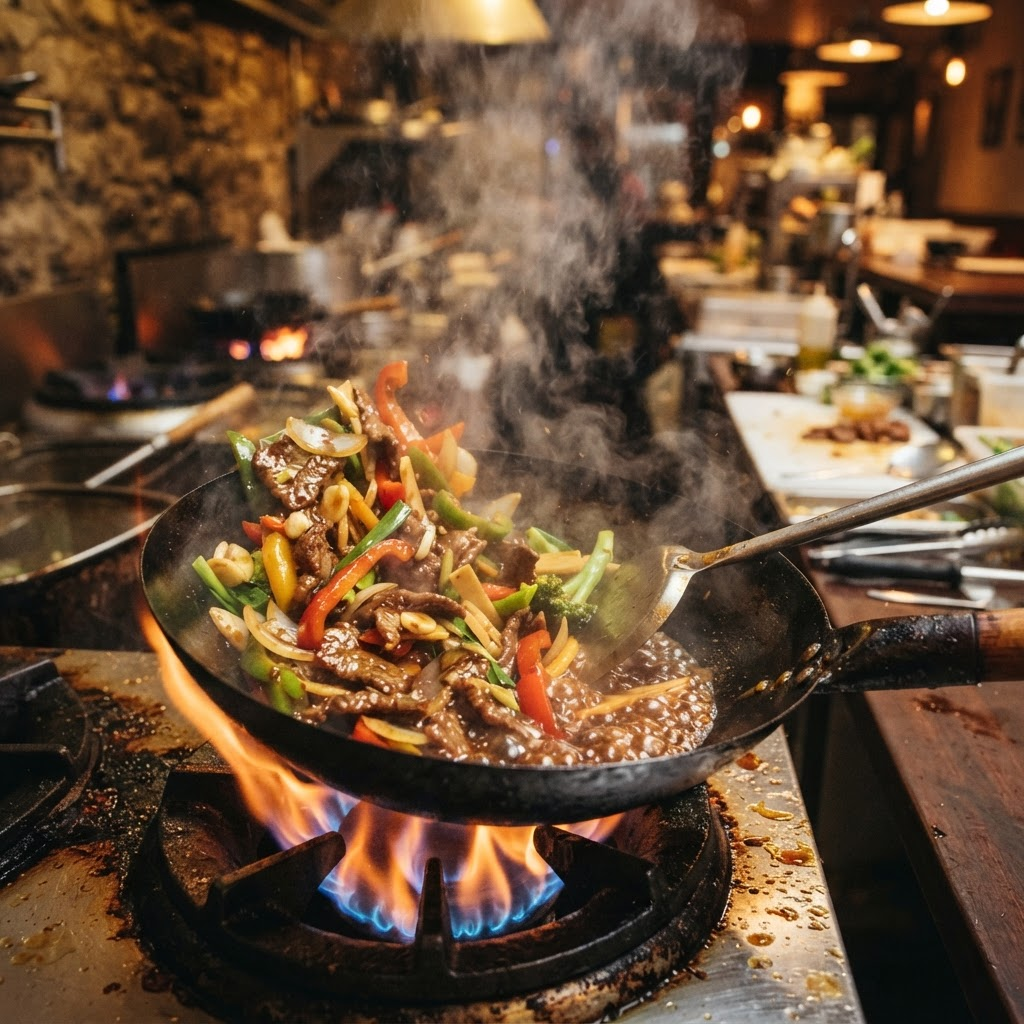 Chinese main course dish — sizzling beef and vegetable stir-fry in a wok