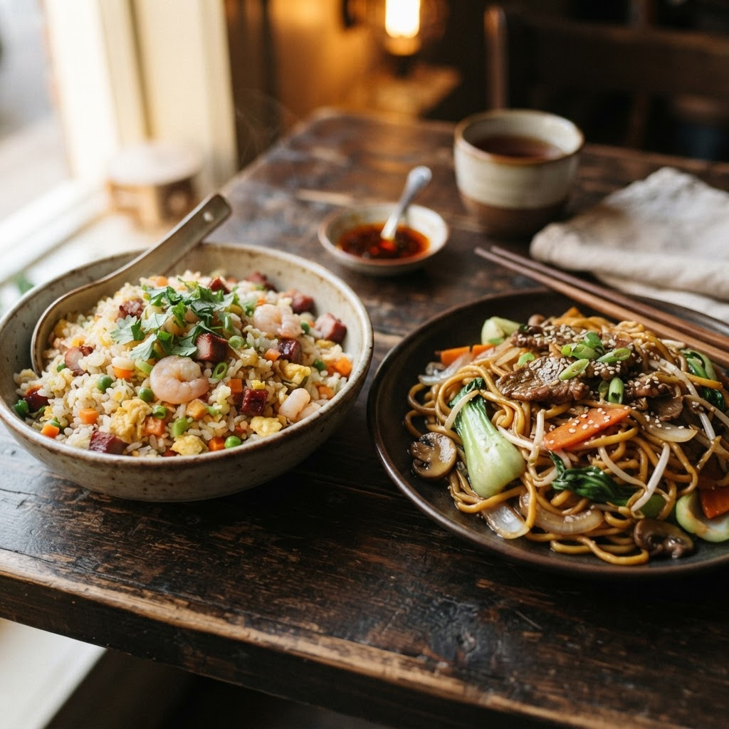 Bowl of Chinese fried rice with a plate of stir-fried noodles